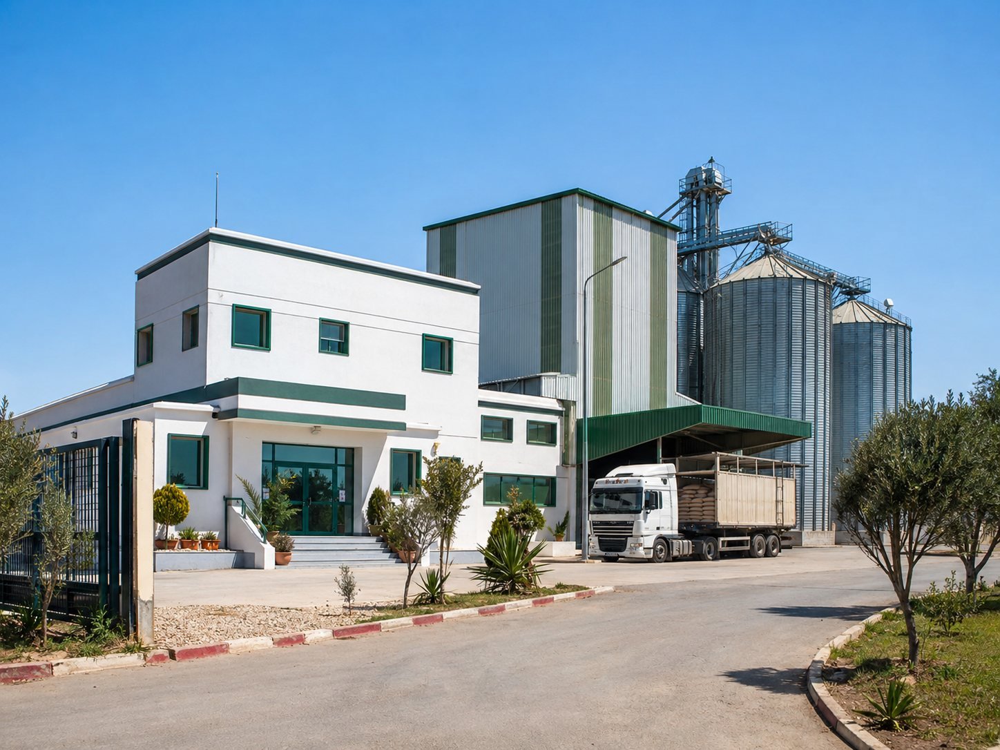 Vue extérieure d'une usine d'aliments pour animaux avec silos et zone de chargement
